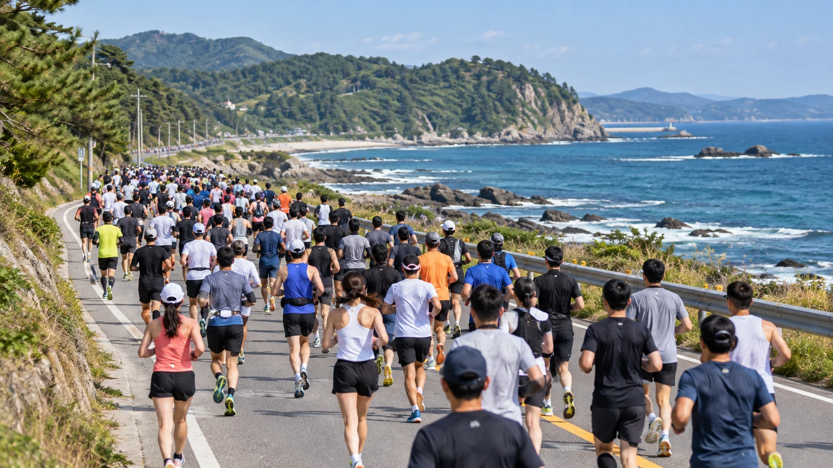 맹방 바닷가 앞 도로를 따라 달리는 약 100명 규모 러닝 콘셉트 이미지